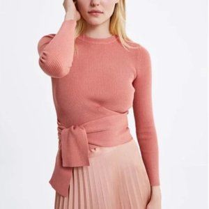 Zara Ribbed Peach Crop Tie Waist Sweater Like New